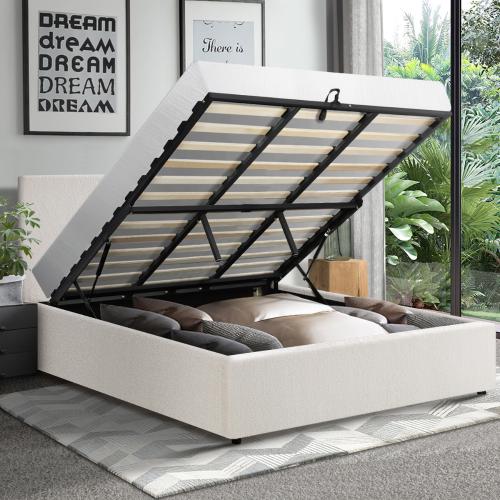 BF-B-UNO-K-WH-ABC Oikiture King Bed Frame Gas Lift Storage Base White Boucle