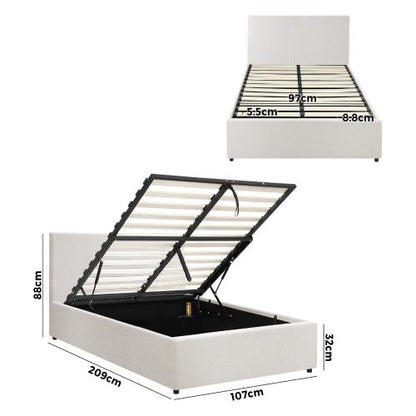 BF-B-UNO-KS-WH-ABC Oikiture Bed Frame King Single Gas Lift Storage Base White Boucle
