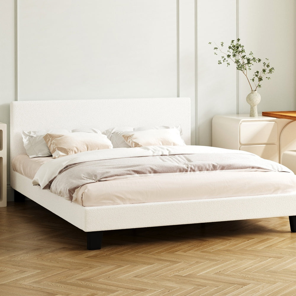BF-B-VANK-D-SP-WH-AB Double Size Mattress Base Boucle Fabric Platform Wooden Slats