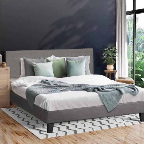 BF-B-VANK-K-GY-AB Oikiture Bed Frame King Size Wooden Slats Grey Fabric