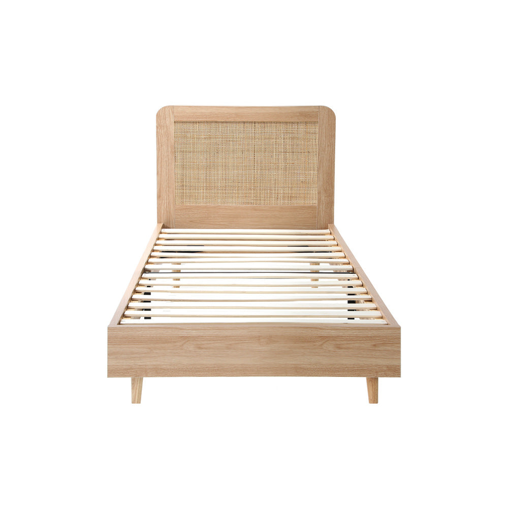 BF-LUNA-S-WD-AB Oikiture Wooden Bed Frame Single Size Rattan Headboard