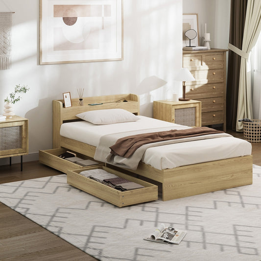 BF-MEXI-KS-WD-ABC Oikiture King Single Bed Frame with Charging Ports & 2 Drawers Natural