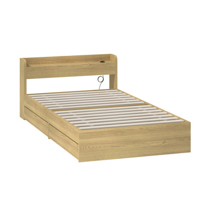 BF-MEXI-KS-WD-ABC Oikiture King Single Bed Frame with Charging Ports & 2 Drawers Natural