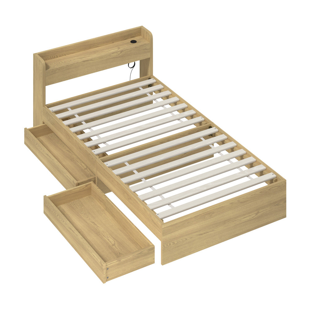 BF-MEXI-KS-WD-ABC Oikiture King Single Bed Frame with Charging Ports & 2 Drawers Natural