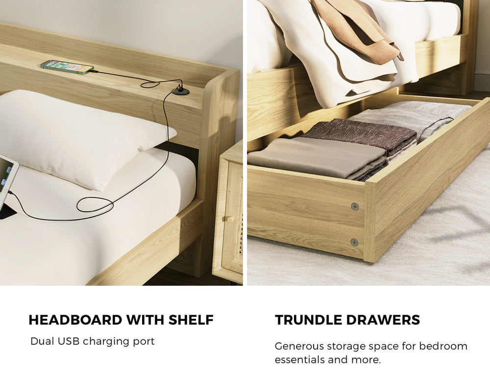 BF-MEXI-KS-WD-ABC Oikiture King Single Bed Frame with Charging Ports & 2 Drawers Natural