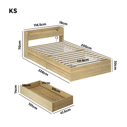 BF-MEXI-KS-WD-ABC Oikiture King Single Bed Frame with Charging Ports & 2 Drawers Natural