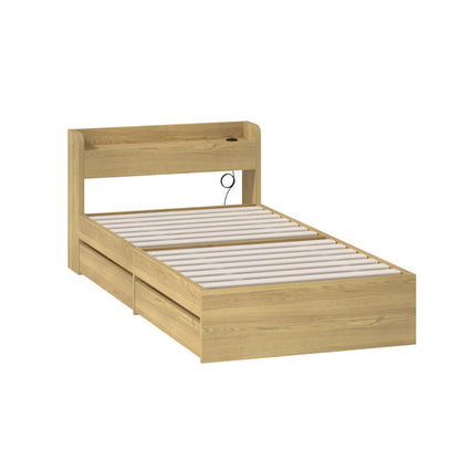 BF-MEXI-S-WD-ABC Oikiture Single Bed Frame with Charging Ports & 2 Drawers Natural