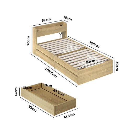 BF-MEXI-S-WD-ABC Oikiture Single Bed Frame with Charging Ports & 2 Drawers Natural