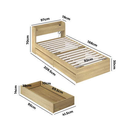 BF-MEXI-S-WD-ABC Oikiture Single Bed Frame with Charging Ports & 2 Drawers Natural