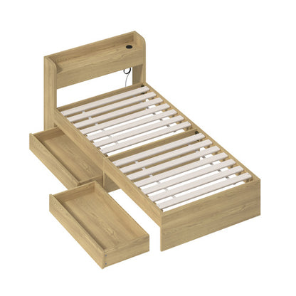BF-MEXI-S-WD-ABC Oikiture Single Bed Frame with Charging Ports & 2 Drawers Natural