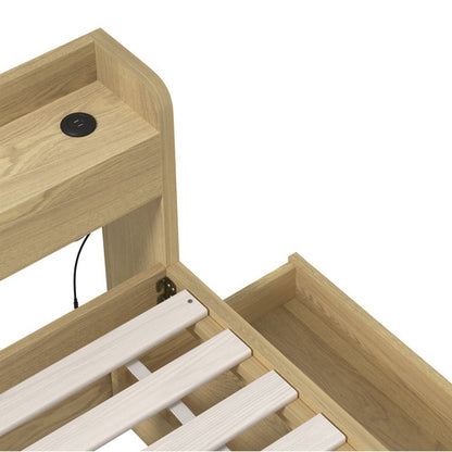 BF-MEXI-S-WD-ABC Oikiture Single Bed Frame with Charging Ports & 2 Drawers Natural