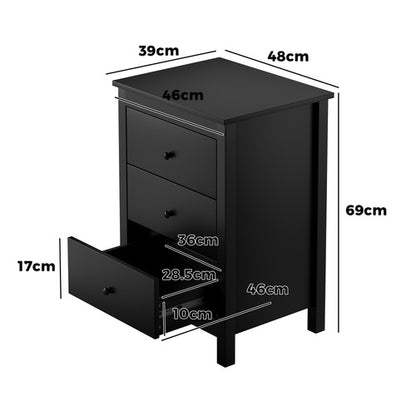 BT-RINA-BK Bedside Table 3 Drawers Hamptons Furniture Storage Cabinet Black