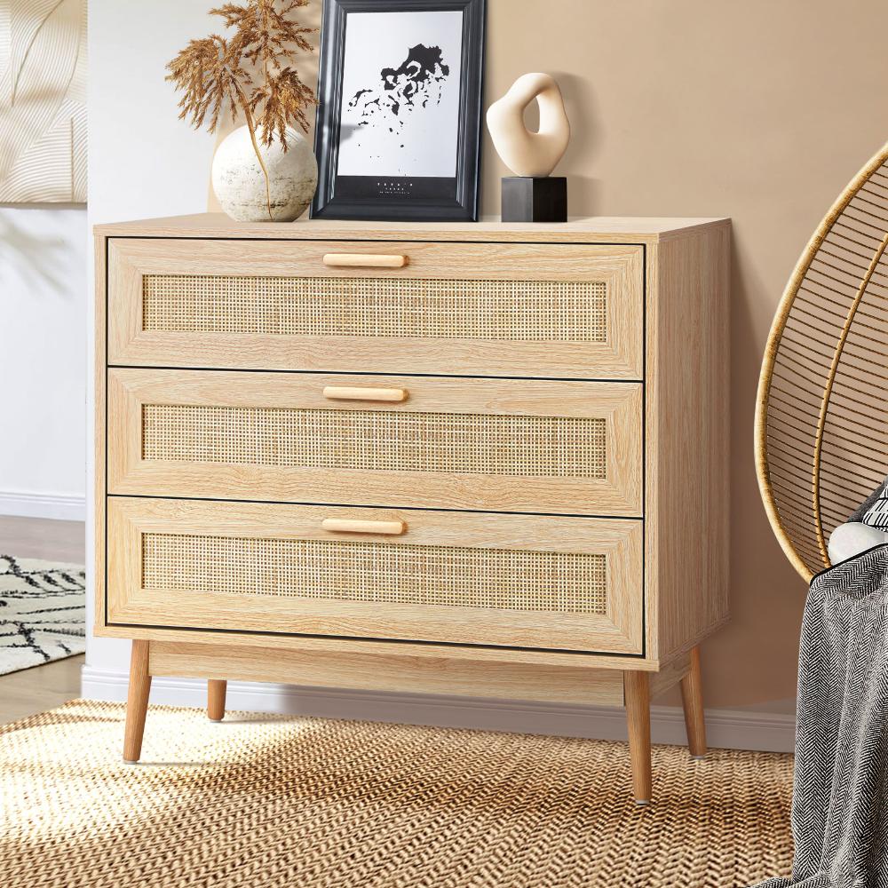 COD-A7-3D-WD-AB 3 Chest of Drawers Tallboy Cabinet Clothes Storage Bedroom Rattan Wood
