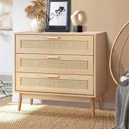 COD-A7-3D-WD-AB 3 Chest of Drawers Tallboy Cabinet Clothes Storage Bedroom Rattan Wood