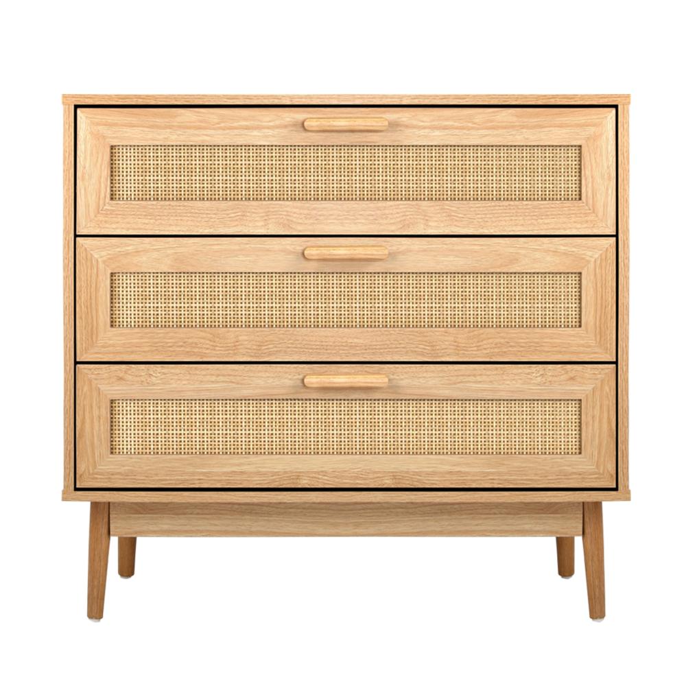 COD-A7-3D-WD-AB 3 Chest of Drawers Tallboy Cabinet Clothes Storage Bedroom Rattan Wood