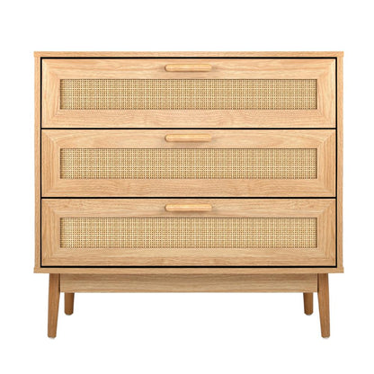 COD-A7-3D-WD-AB 3 Chest of Drawers Tallboy Cabinet Clothes Storage Bedroom Rattan Wood