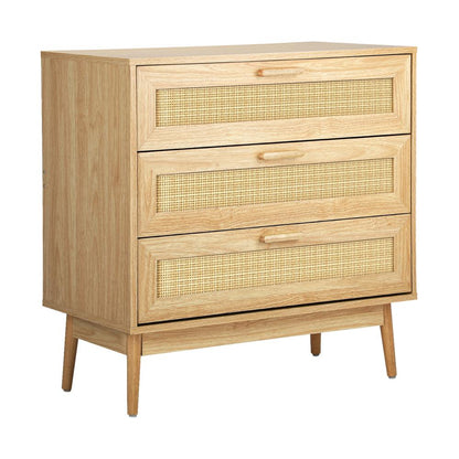 COD-A7-3D-WD-AB 3 Chest of Drawers Tallboy Cabinet Clothes Storage Bedroom Rattan Wood