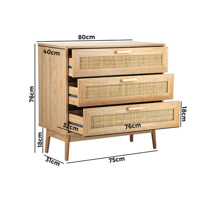 COD-A7-3D-WD-AB 3 Chest of Drawers Tallboy Cabinet Clothes Storage Bedroom Rattan Wood