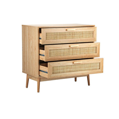 COD-A7-3D-WD-AB 3 Chest of Drawers Tallboy Cabinet Clothes Storage Bedroom Rattan Wood
