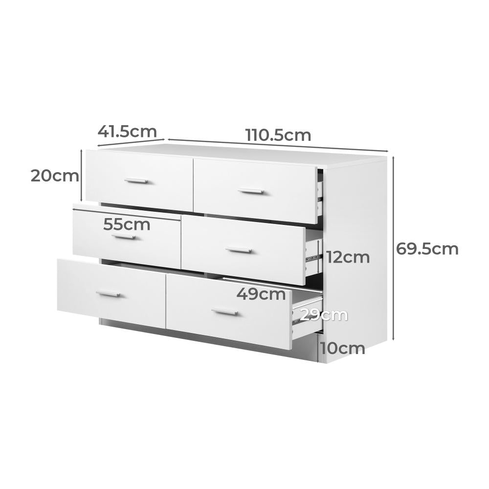 COD-TIKO-WH-AB Oikiture 6 Chest of Drawers Tallboy Dresser Table Lowboy Storage Cabinet White