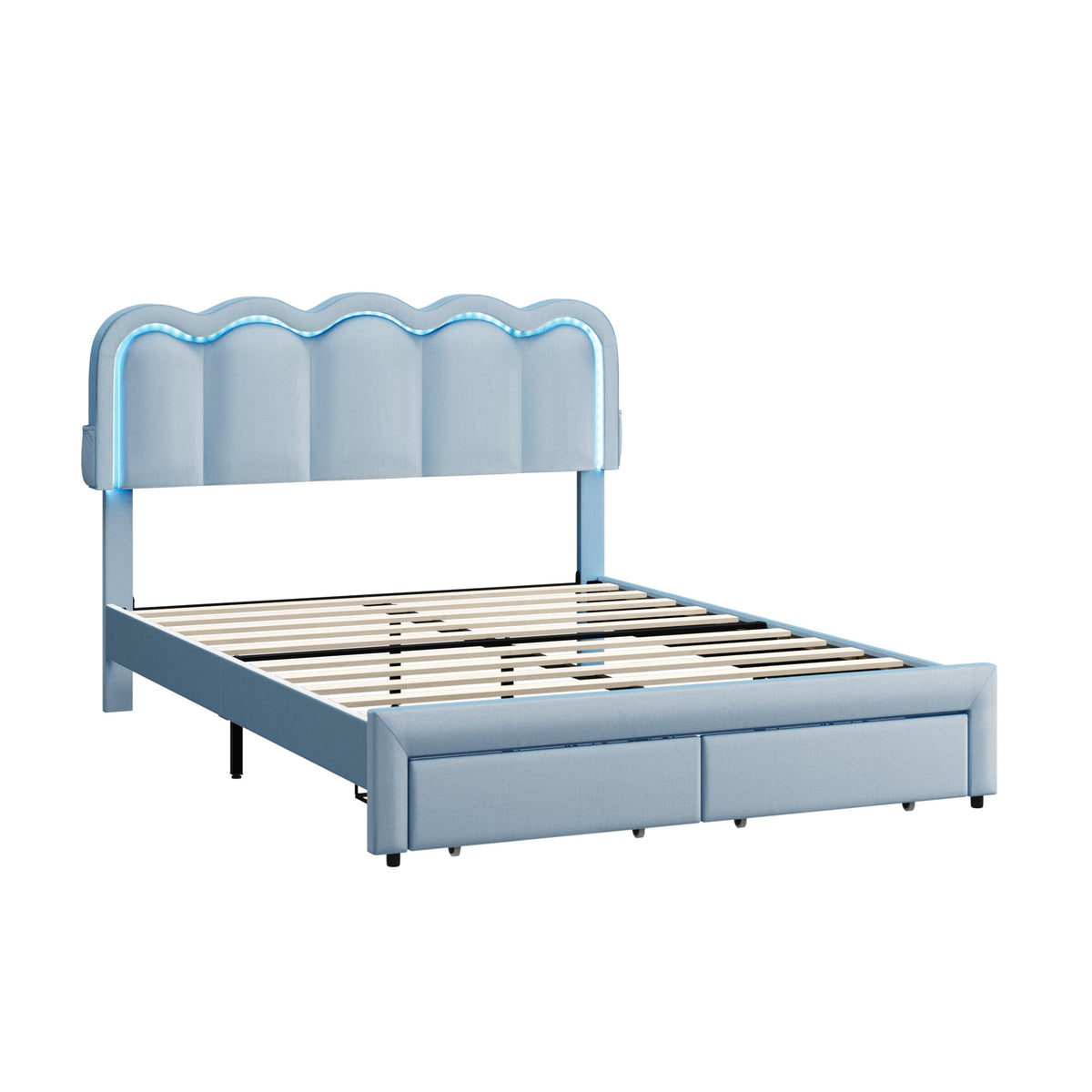 BF-C-MUIZ-D-BL DOUBLE Living Fusion Chloe Velvet Bed Frame with LED & Drawers Blue