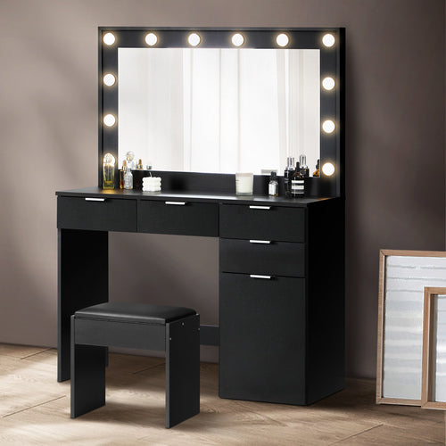 DT-ST-B18-BK-AB Oikiture Dressing Table Stool Set Large Mirror 12 Bulbs Black