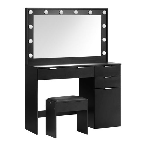 DT-ST-B18-BK-AB Oikiture Dressing Table Stool Set Large Mirror 12 Bulbs Black