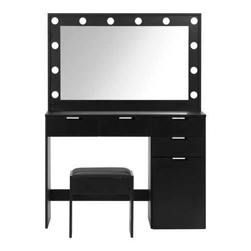 DT-ST-B18-BK-AB Oikiture Dressing Table Stool Set Large Mirror 12 Bulbs Black