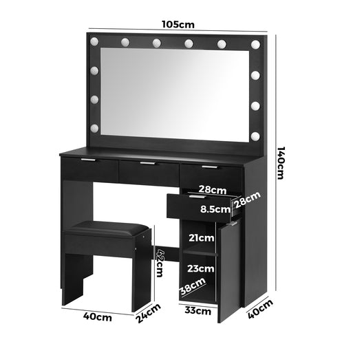 DT-ST-B18-BK-AB Oikiture Dressing Table Stool Set Large Mirror 12 Bulbs Black