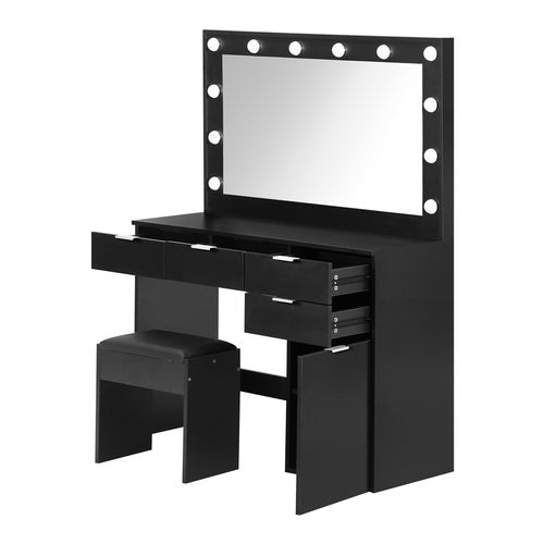 DT-ST-B18-BK-AB Oikiture Dressing Table Stool Set Large Mirror 12 Bulbs Black