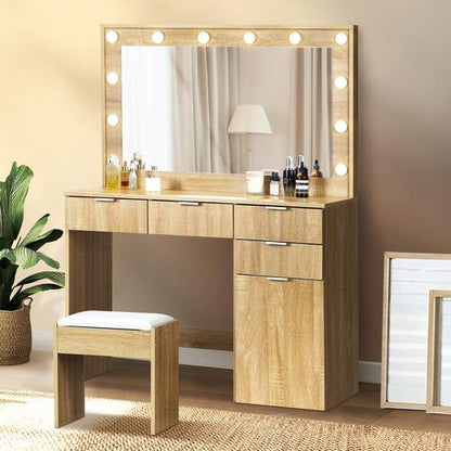 DT-ST-B18-WD Oikiture Dressing Table Stool Set Large Mirror 12 Bulbs Oak
