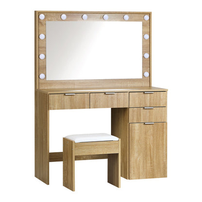 DT-ST-B18-WD Oikiture Dressing Table Stool Set Large Mirror 12 Bulbs Oak