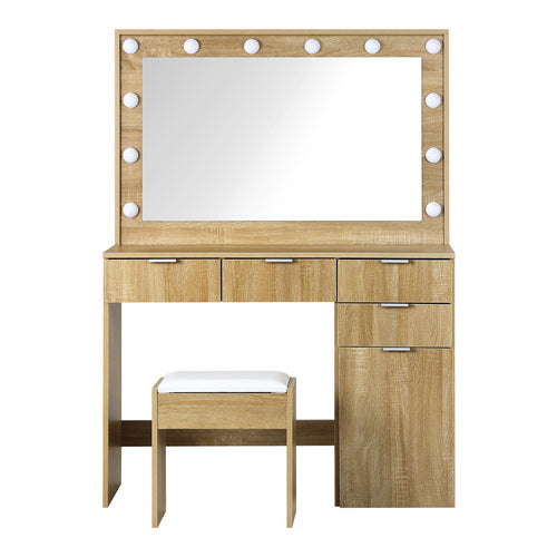 DT-ST-B18-WD Oikiture Dressing Table Stool Set Large Mirror 12 Bulbs Oak