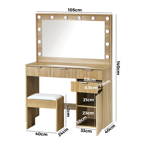 DT-ST-B18-WD Oikiture Dressing Table Stool Set Large Mirror 12 Bulbs Oak