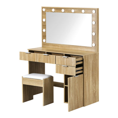 DT-ST-B18-WD Oikiture Dressing Table Stool Set Large Mirror 12 Bulbs Oak