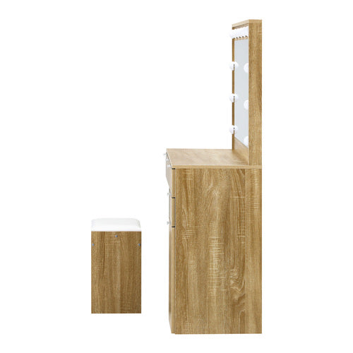 DT-ST-B18-WD Oikiture Dressing Table Stool Set Large Mirror 12 Bulbs Oak