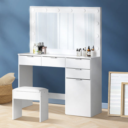 DT-ST-B18-WH-AB Oikiture Dressing Table Stool Set Large Mirror 12 Bulbs White