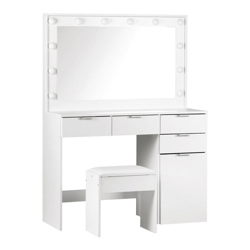 DT-ST-B18-WH-AB Oikiture Dressing Table Stool Set Large Mirror 12 Bulbs White