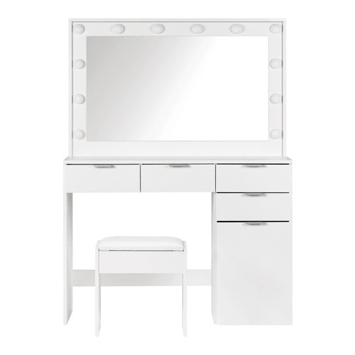 DT-ST-B18-WH-AB Oikiture Dressing Table Stool Set Large Mirror 12 Bulbs White