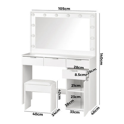 DT-ST-B18-WH-AB Oikiture Dressing Table Stool Set Large Mirror 12 Bulbs White