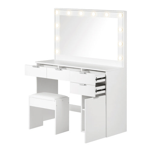 DT-ST-B18-WH-AB Oikiture Dressing Table Stool Set Large Mirror 12 Bulbs White