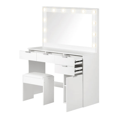 DT-ST-B18-WH-AB Oikiture Dressing Table Stool Set Large Mirror 12 Bulbs White