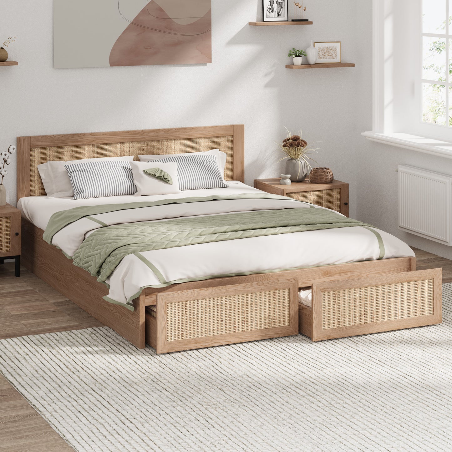 Holly Rattan Platform Queen Bed with Underbed Drawers