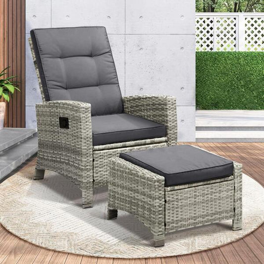 ODR-FW-CHFTR-GY Livsip Outdoor Grey Recliner Chairs Sun Lounge Wicker Sofa Patio Furniture Garden