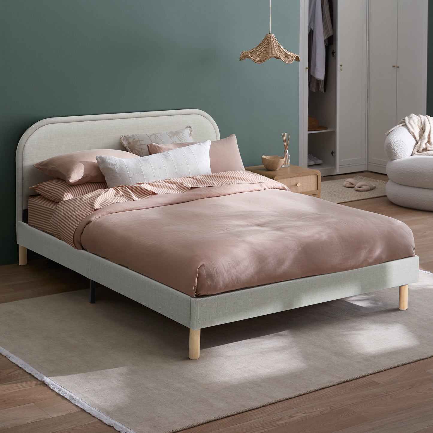 HYELQBGY QUEEN Temple & Webster Elba Upholstered Bed Frame Pale Stone
