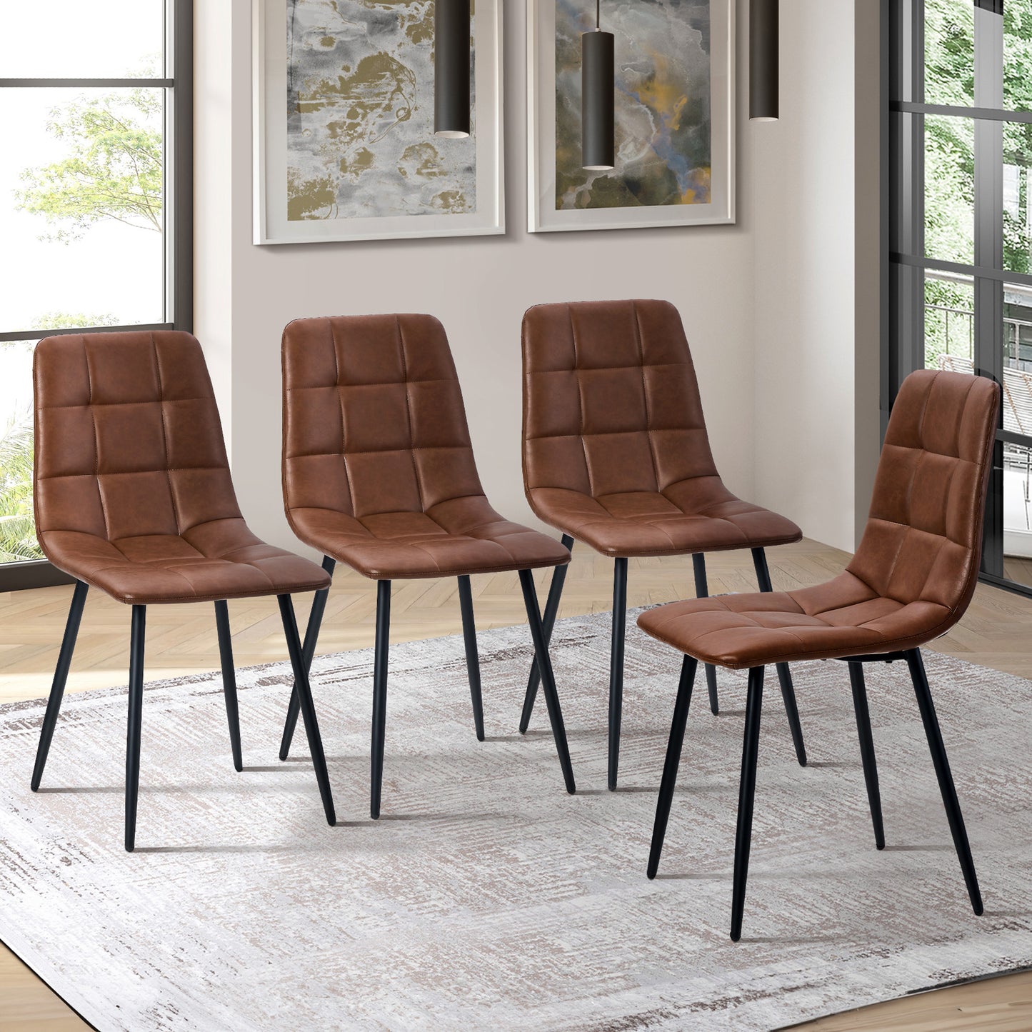 DCH-SQUARE-BR-4PC Oikiture 4x Padded Dining Chairs Kitchen PU Leather Seat Retro Brown