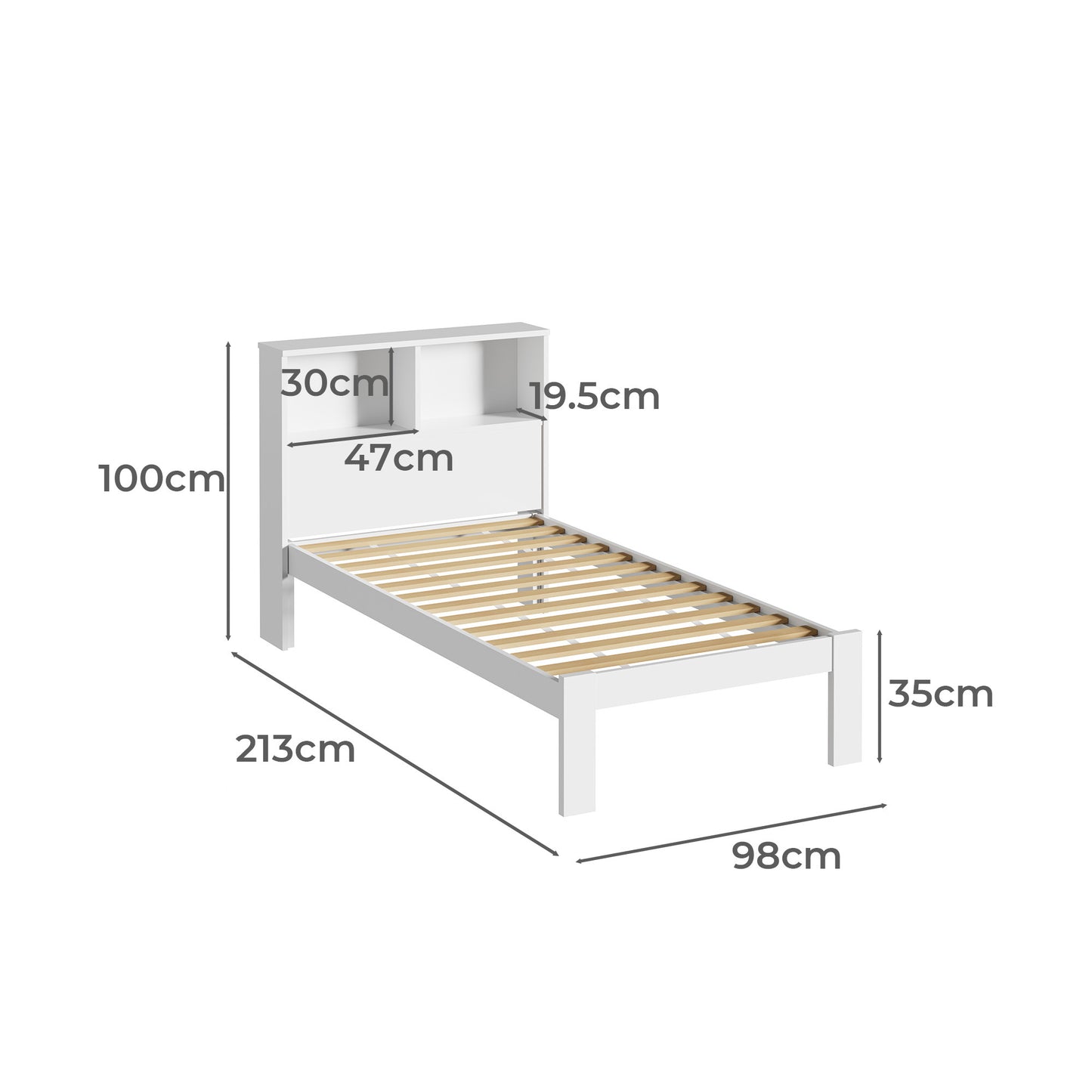 BF-W-A13-SHELF-WH-AB Isabelle Pine Wood Single Bed with Shelves