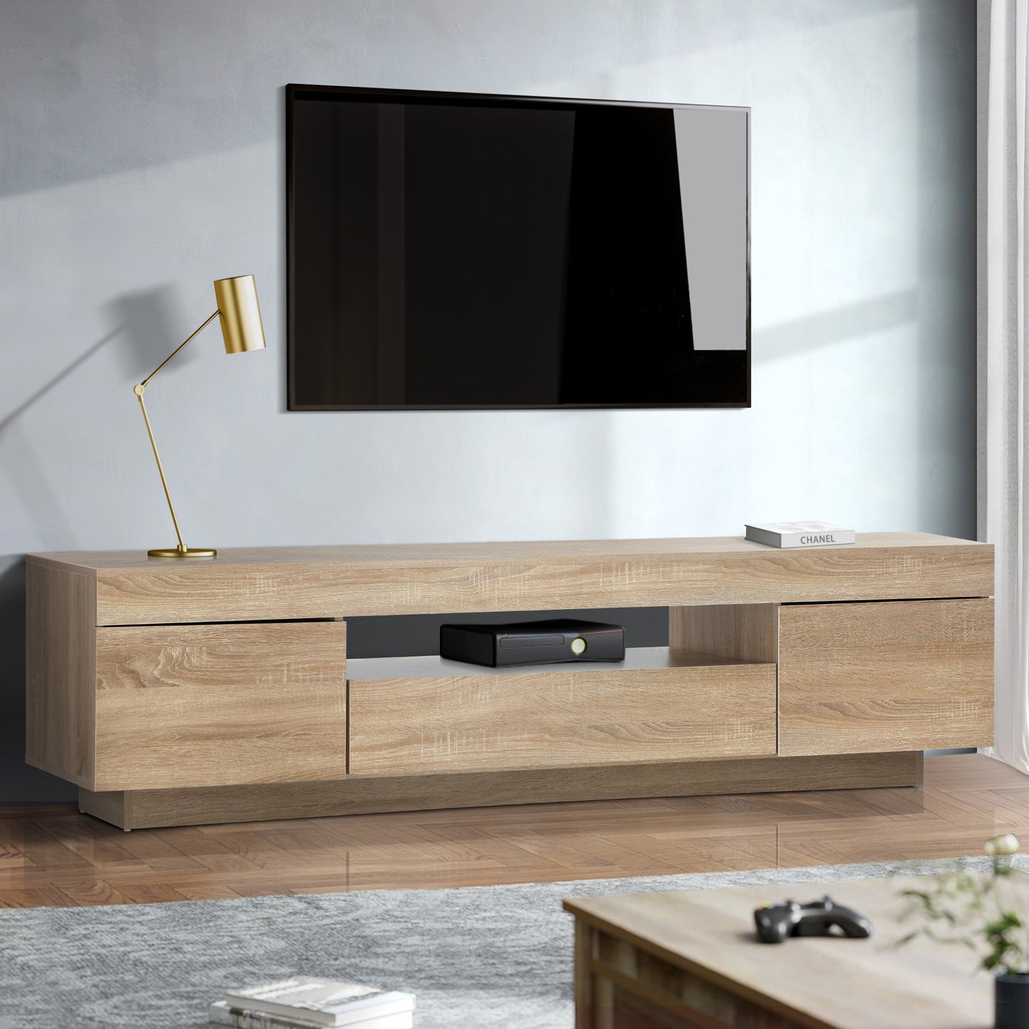 EU-B6-180-WD Oikiture TV Cabinet Entertainment Unit Stand Storage Drawer White Wooden 180cm