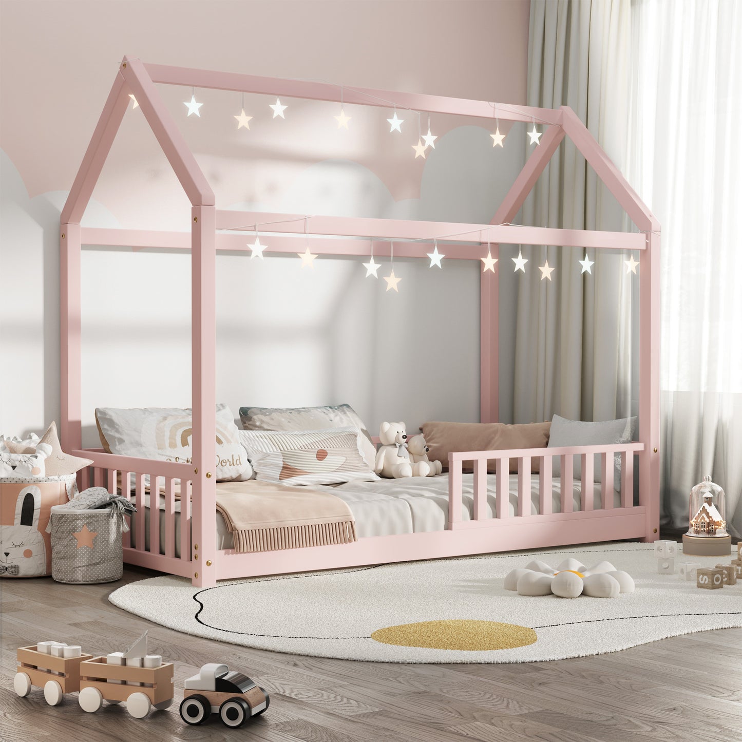 BF-W-A2-PK-AB Pink Color Luther Kids' House Single Size Bed Frame