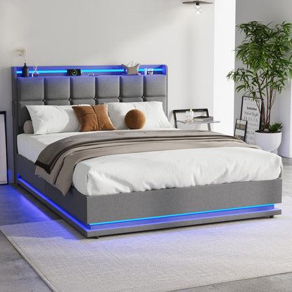 BF-E-DARY-D-LN-GY-AB Living Fusion Marcel Upholstered Gas Lift Storage Bed with LED & Charging Station